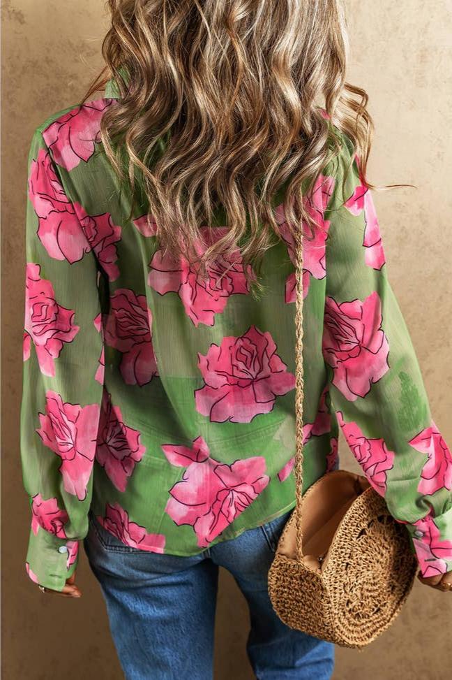 Pink Roses- Green Floral Print Pleated Detail Puff Sleeve Shirt