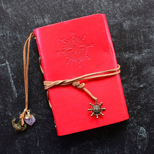 Leather Notebook w/ Crystal Accent - (Crystals and Stones): Red Cover w/ Amethyst