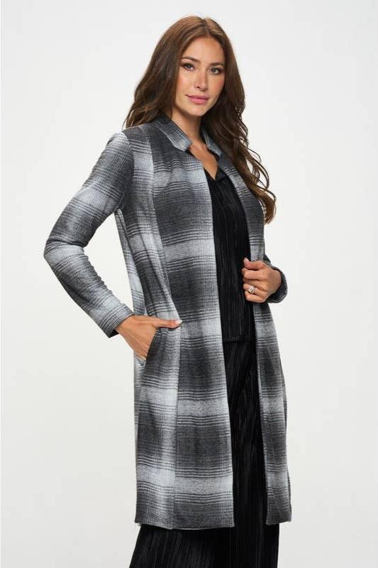 Plaid Open Front Coat with Collar - Charcoal