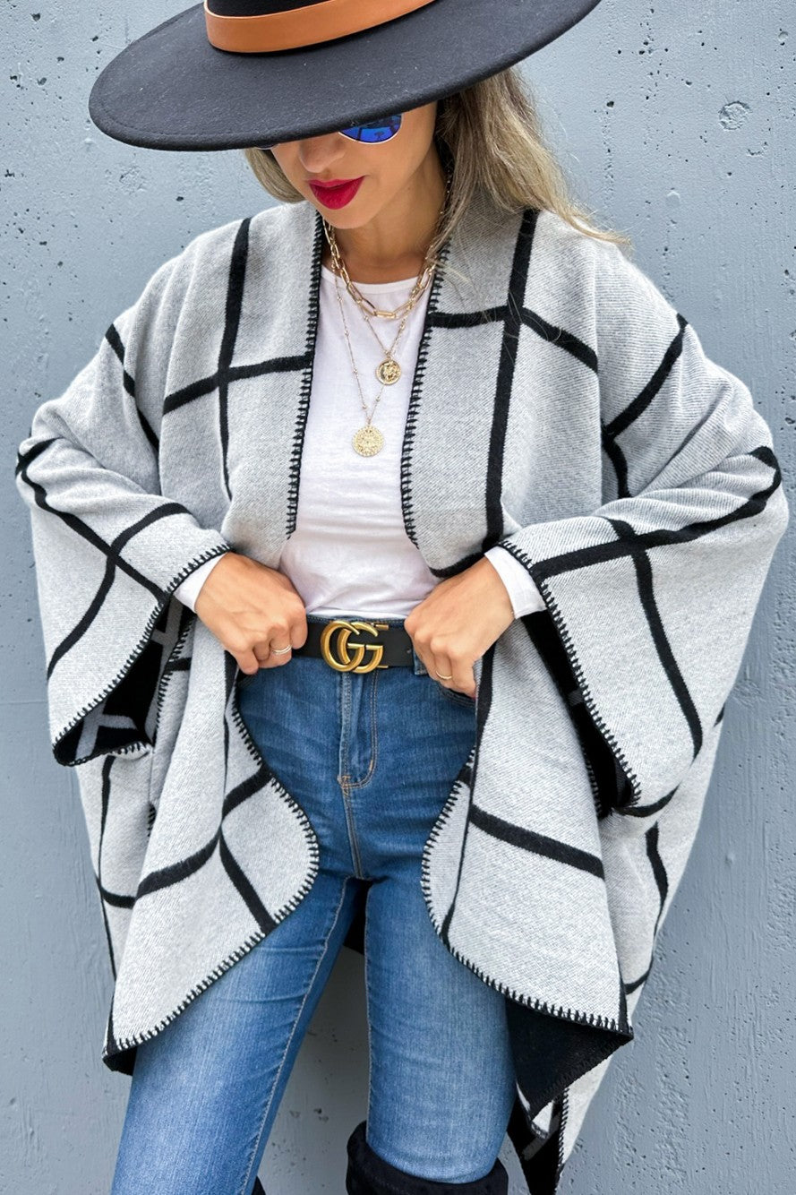 Amoli Black Grey Check Printed Cozy Reversible Ruana