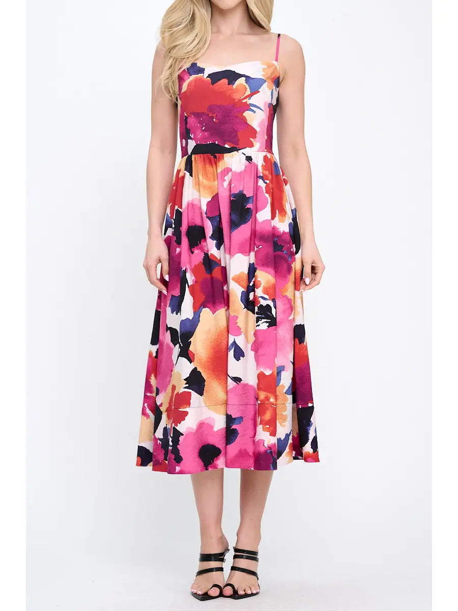 Renee C. Made in USA Floral Print Midi Dress with Smock Back Detail