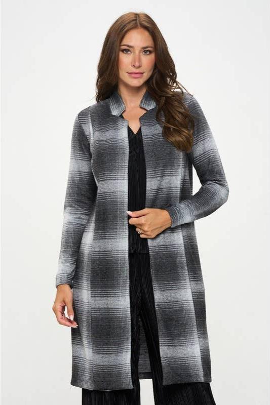 Plaid Open Front Coat with Collar - Charcoal