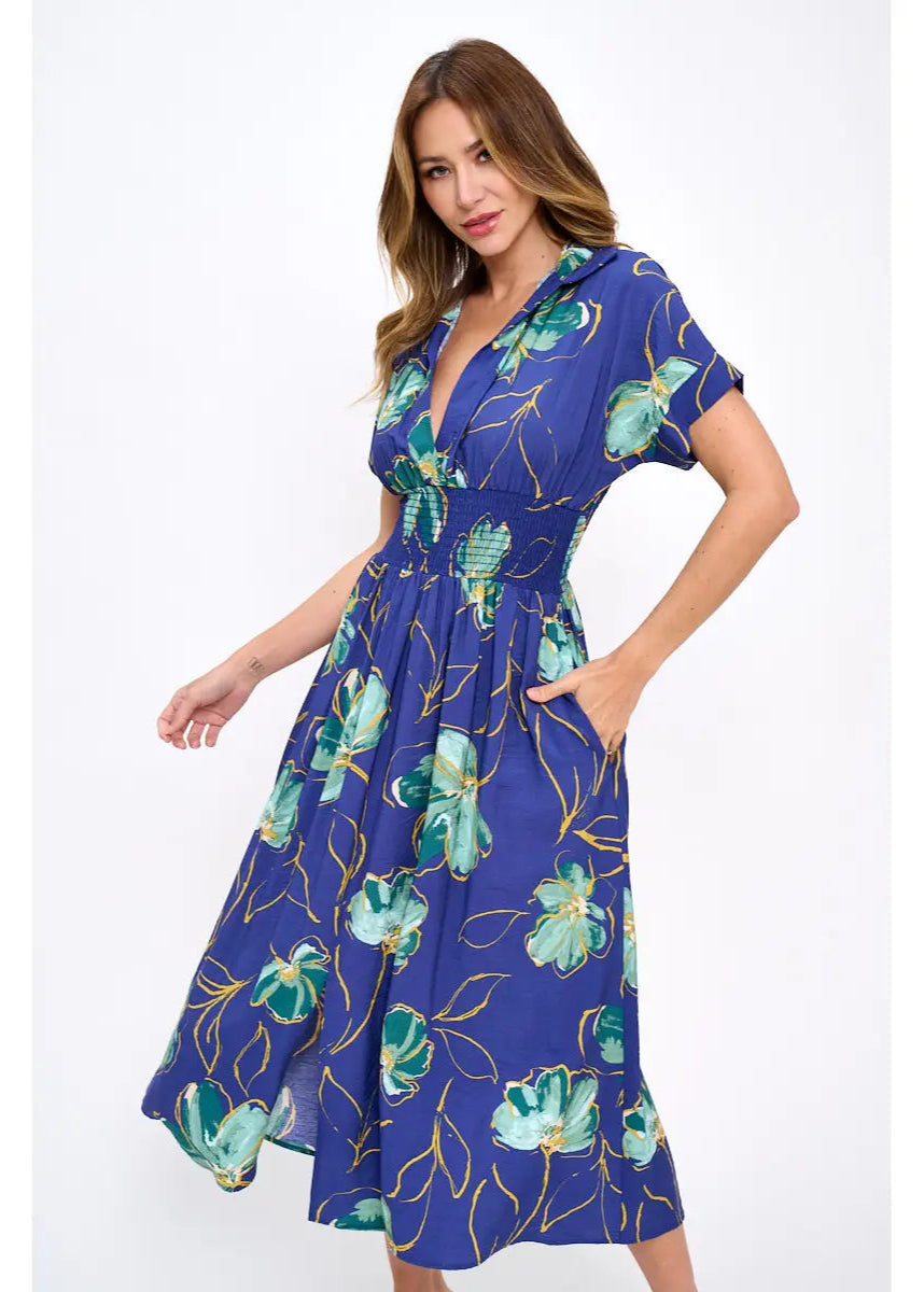 Renee C. Made in USA Floral Print V Neck Collared Dress with Smock