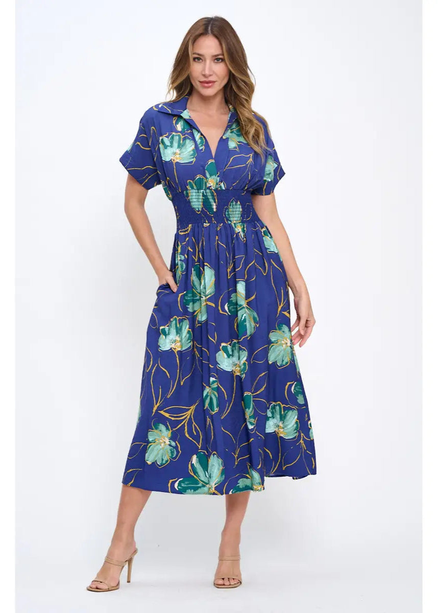 Renee C. Made in USA Floral Print V Neck Collared Dress with Smock