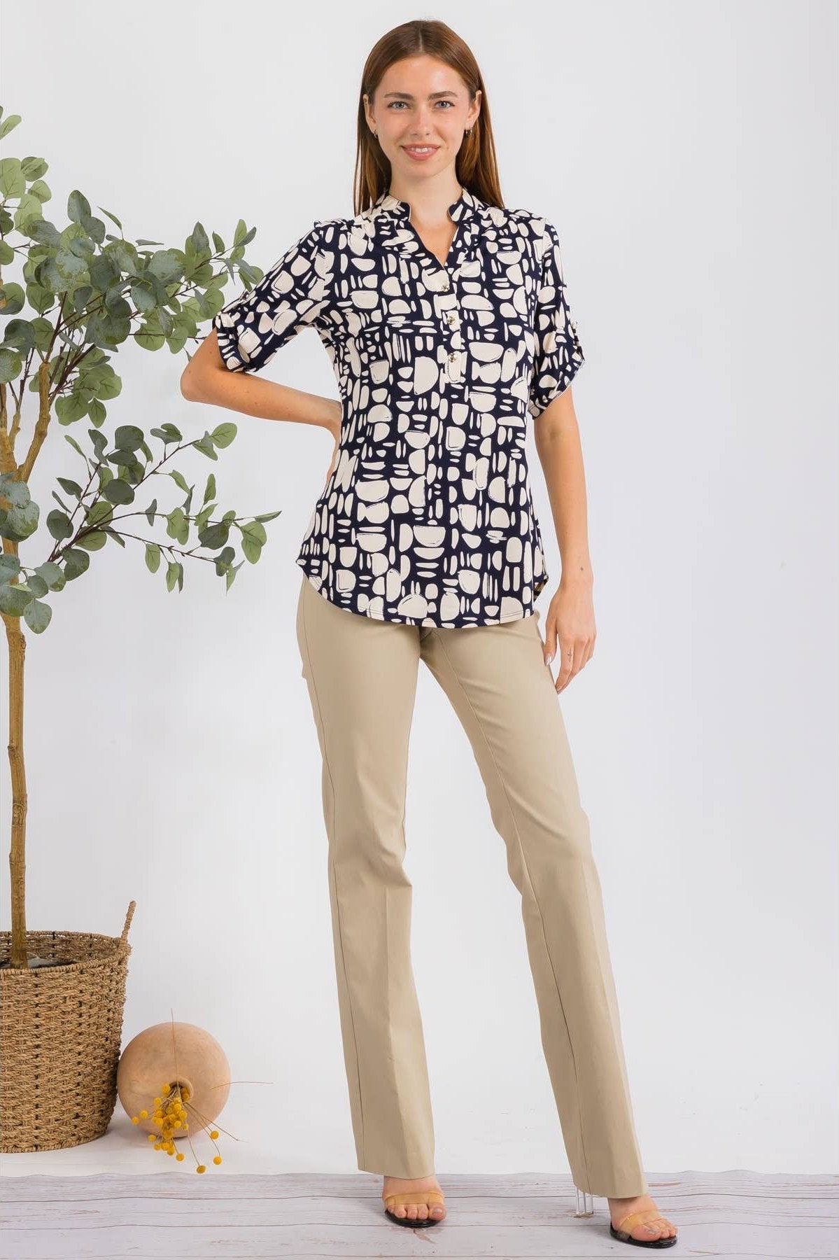 Perseption Mandarin Half Placket Roll Tab Shirt
