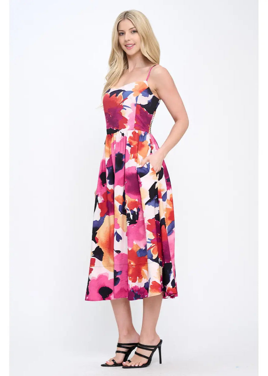 Renee C. Made in USA Floral Print Midi Dress with Smock Back Detail