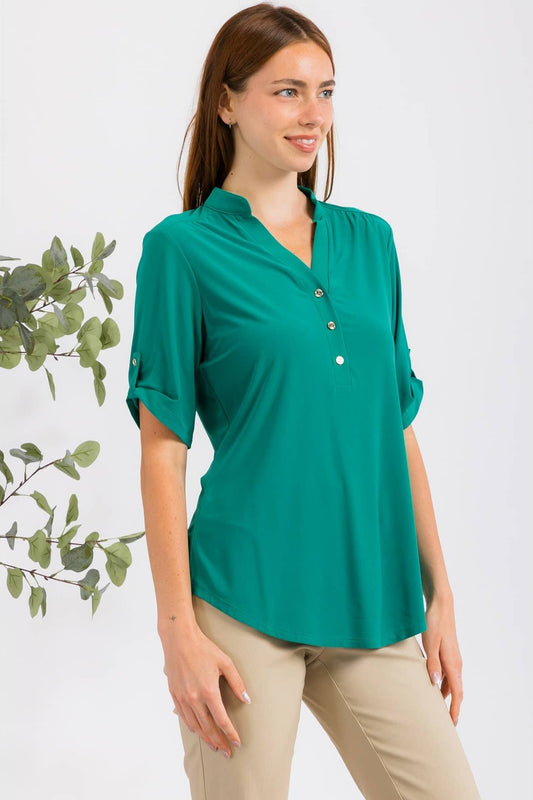 Perseption Solid Mandarin Half Placket Roll Tab Shirt. Fall Clearance!