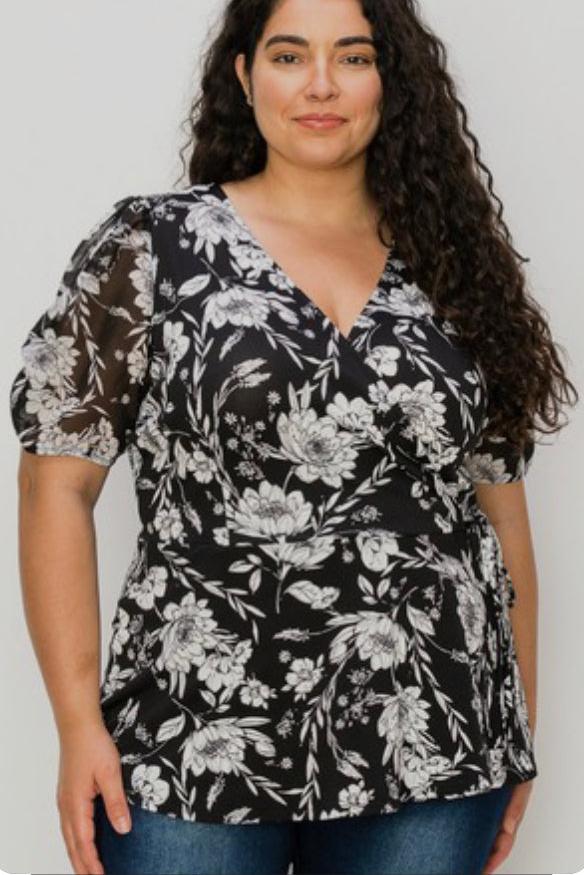 Perseption V-Neck Spaghetti Tie Waist Puff Sleeve Blouse