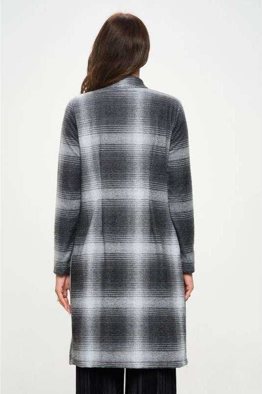 Plaid Open Front Coat with Collar - Charcoal
