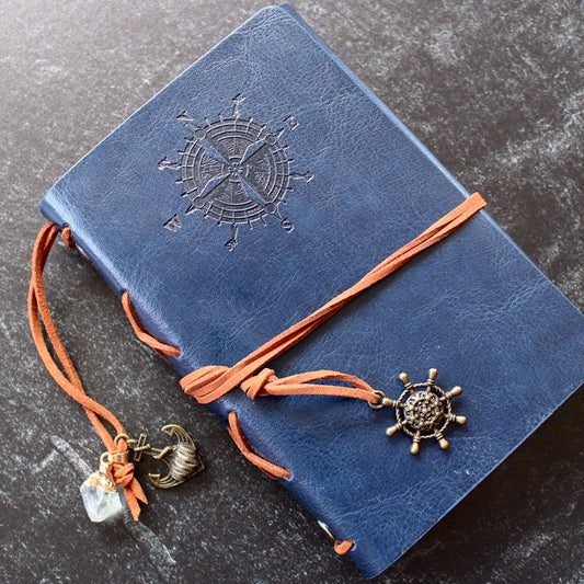Leather Notebook w/ Crystal Accent - (Crystals and Stones): Blue Cover w/ Green Fluorite