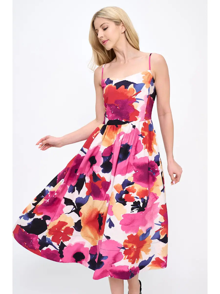 Renee C. Made in USA Floral Print Midi Dress with Smock Back Detail