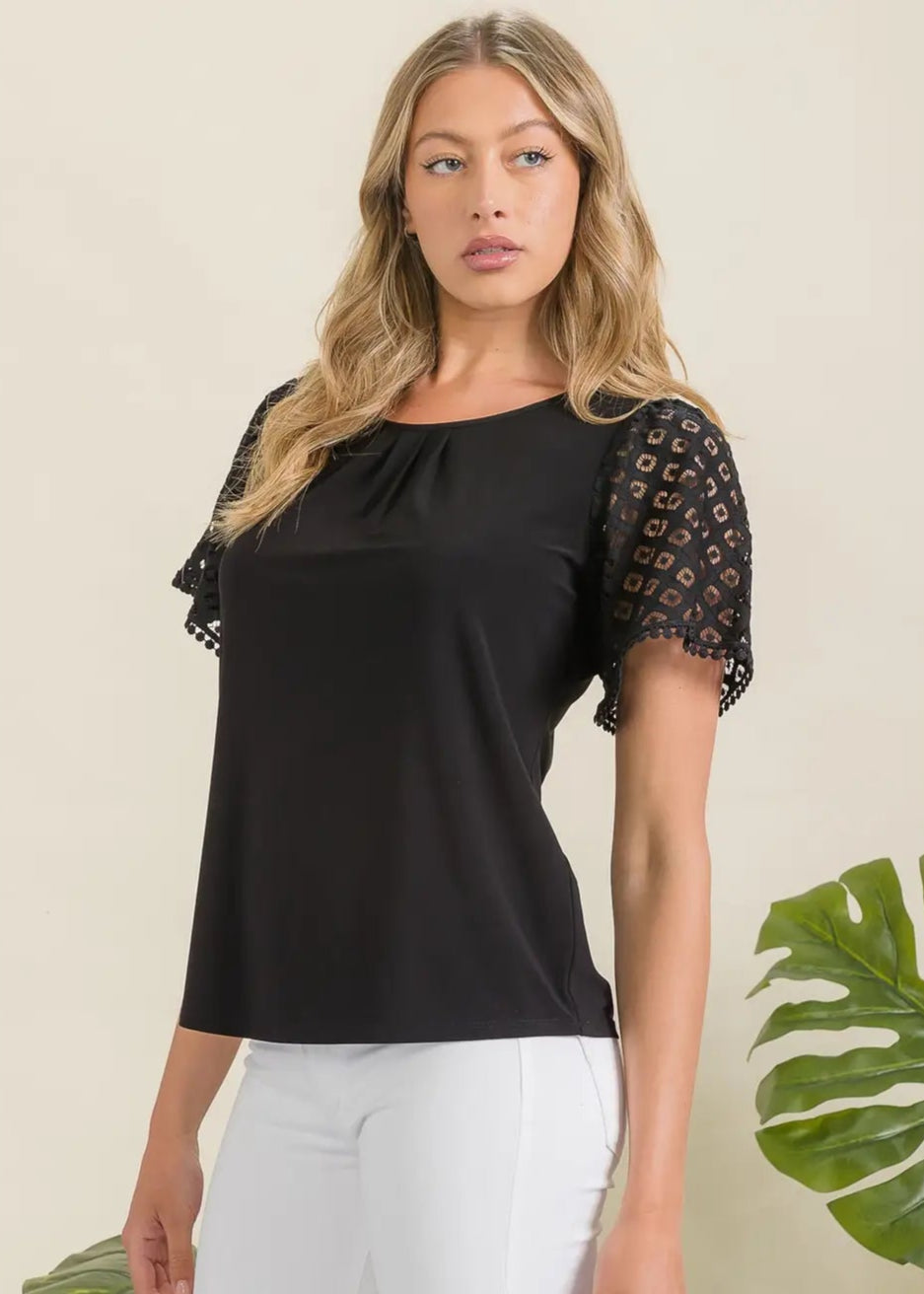 Perseption Illusion Crochet Lace Scallop Pleat Fashion Tee