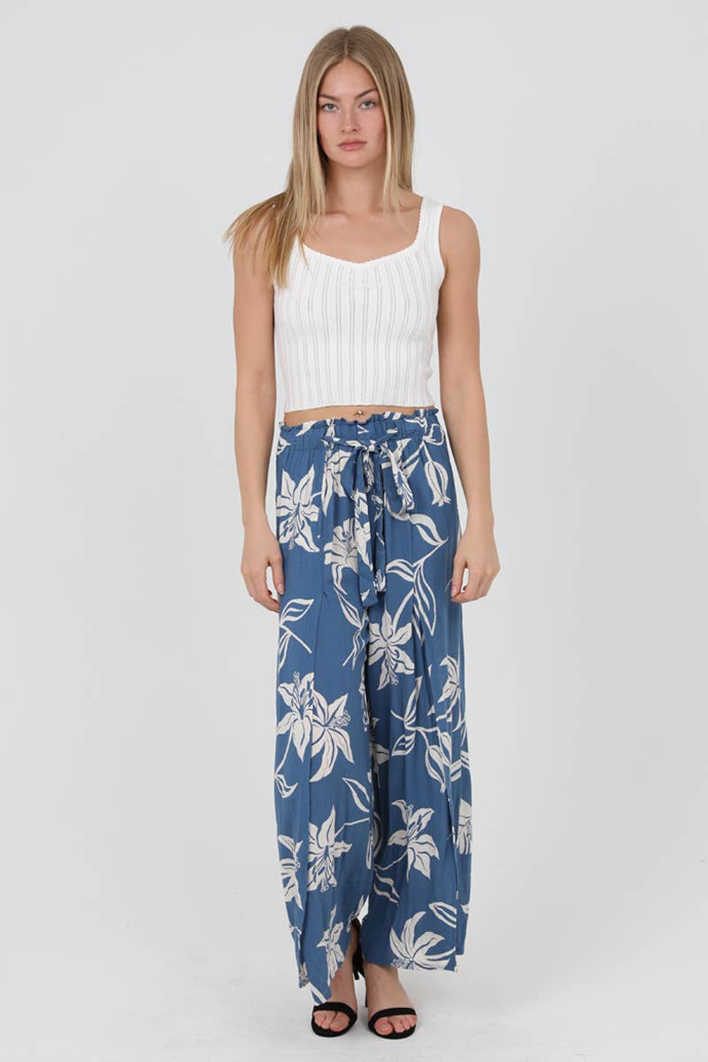 Blue Floral print Split Leg Pants