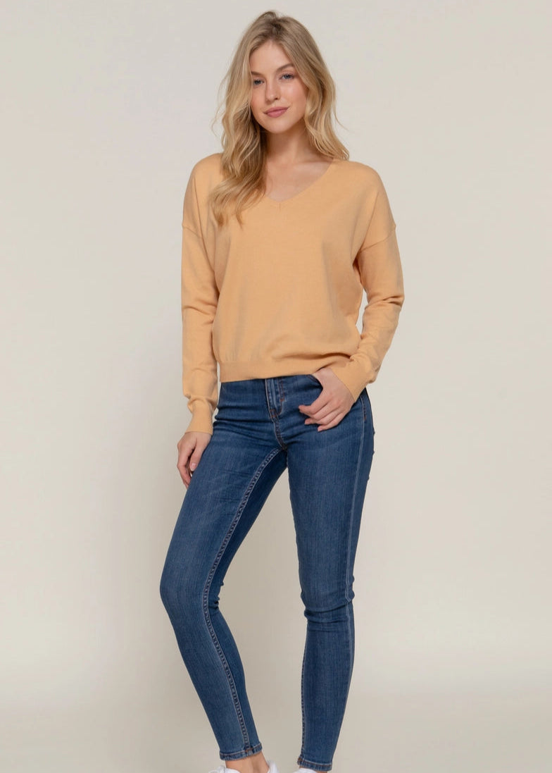 Active Basic Long-Sleeve V-neck Back Cross Strap Viscose Sweater