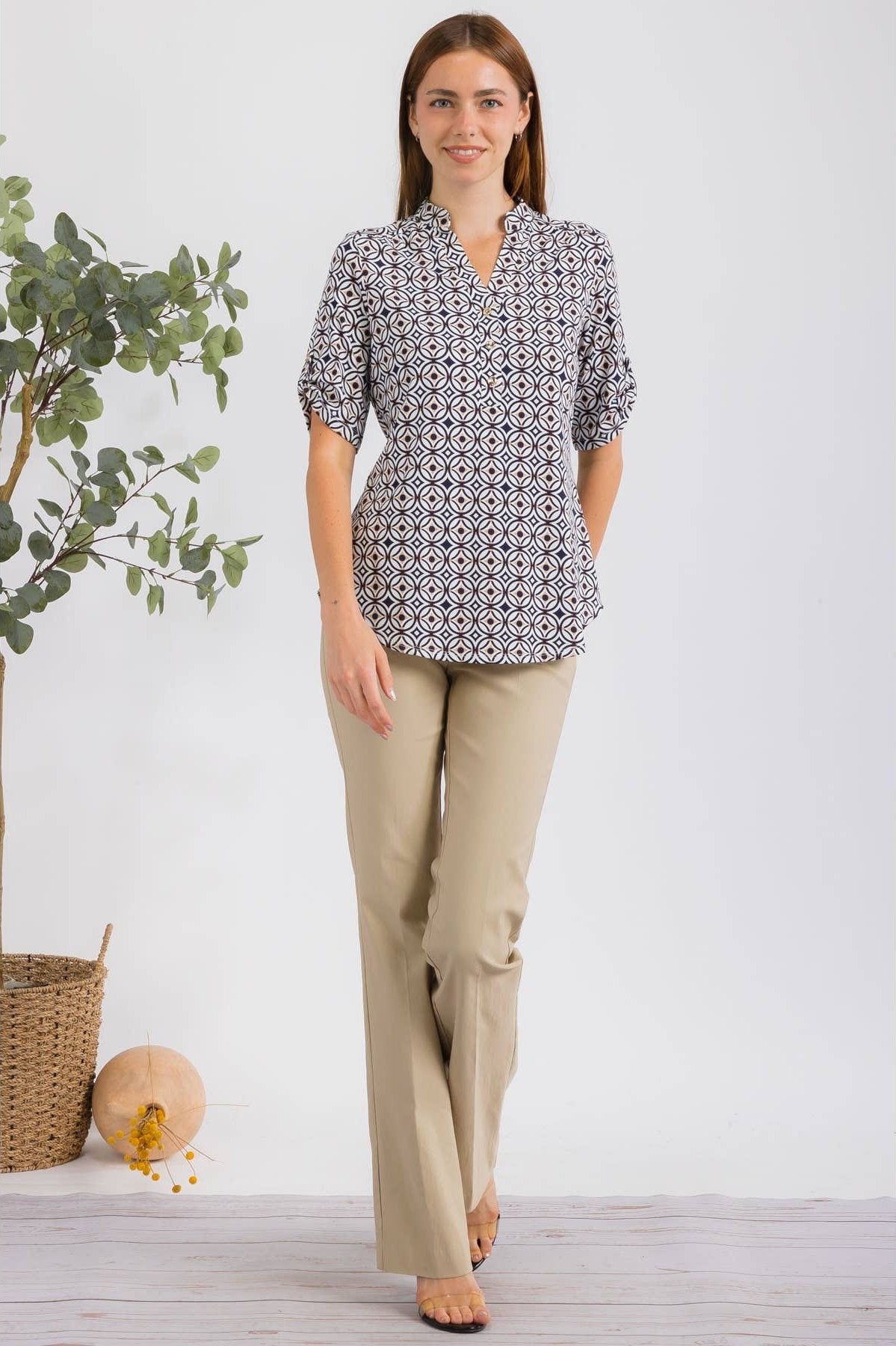 Perseption Mandarin Half Placket Roll Tab Shirt