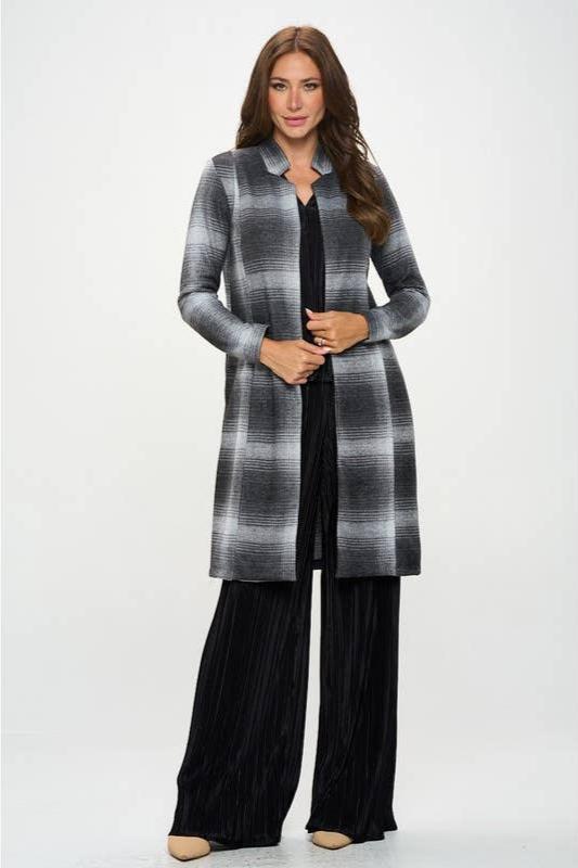 Plaid Open Front Coat with Collar - Charcoal