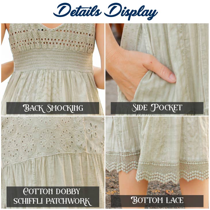 Young Threads Sage Mixed Fabric Patchwork Dress With Lace Trim. Fall Clearance!