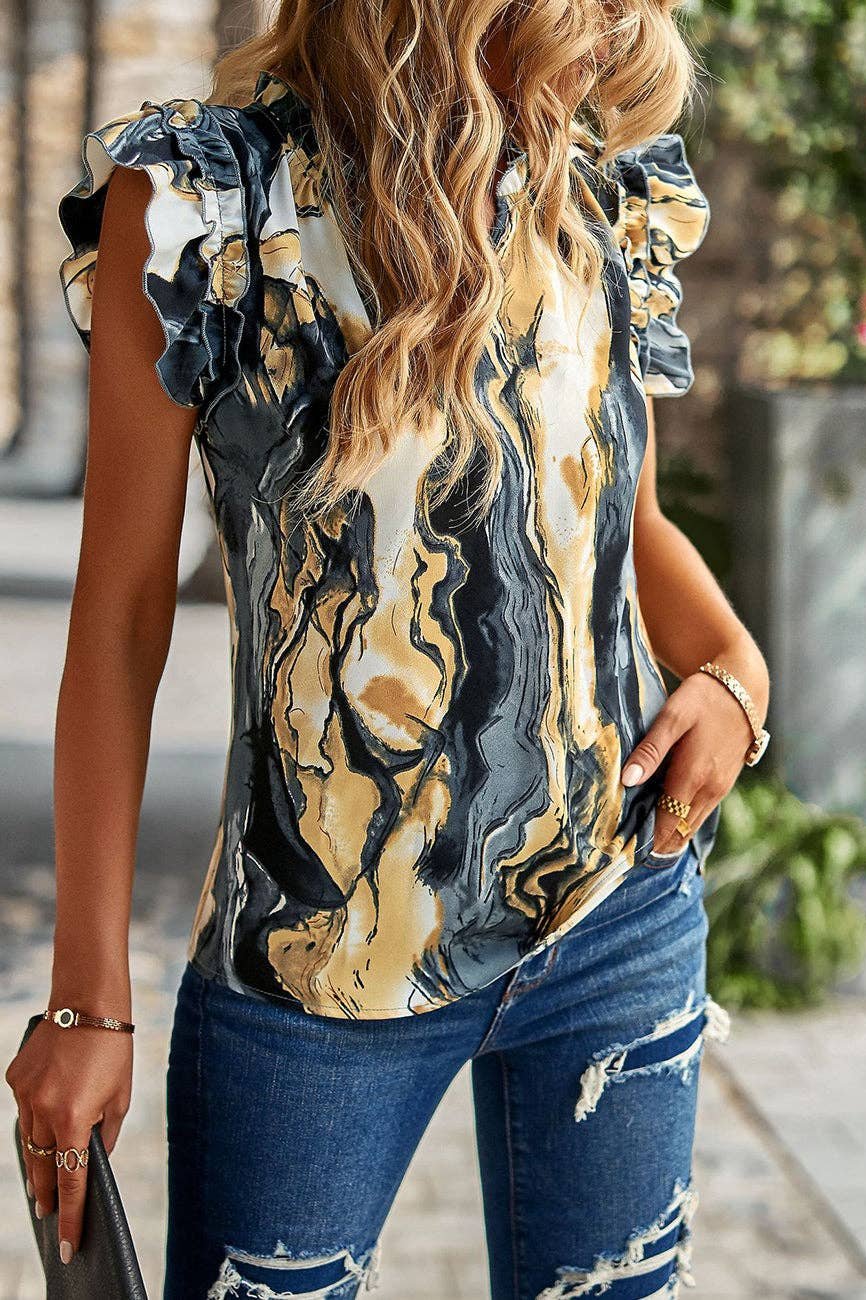 Anna Kaci Split V-Neck Ruffle Sleeve Blouse