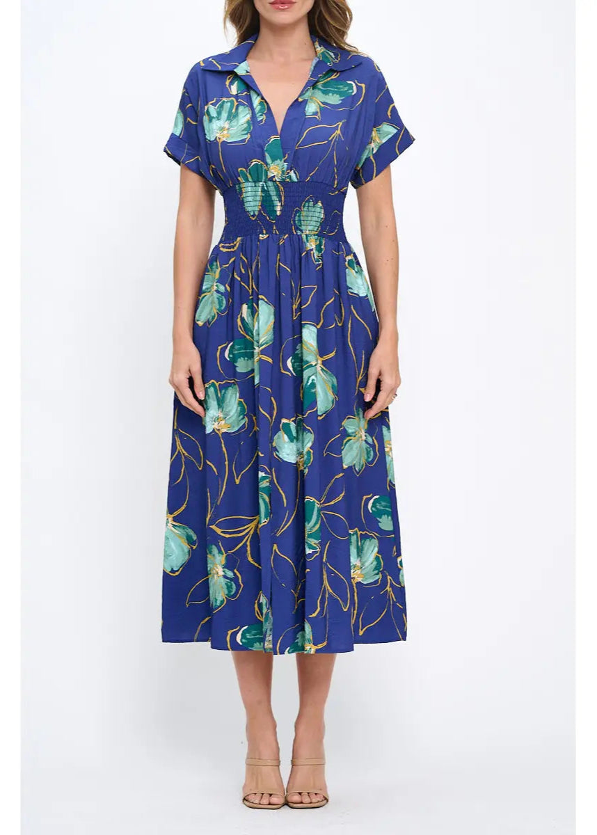 Renee C. Made in USA Floral Print V Neck Collared Dress with Smock