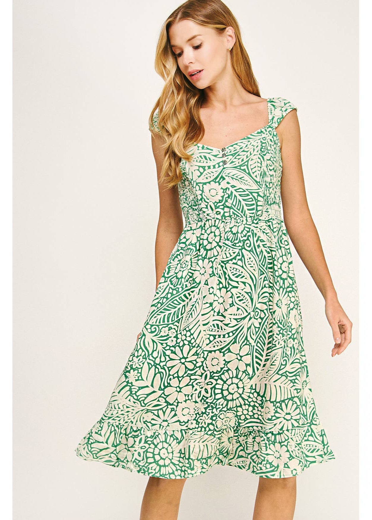 Winslow Collection Airy Charm Printed Midi Dress With Elastic Sleeves.