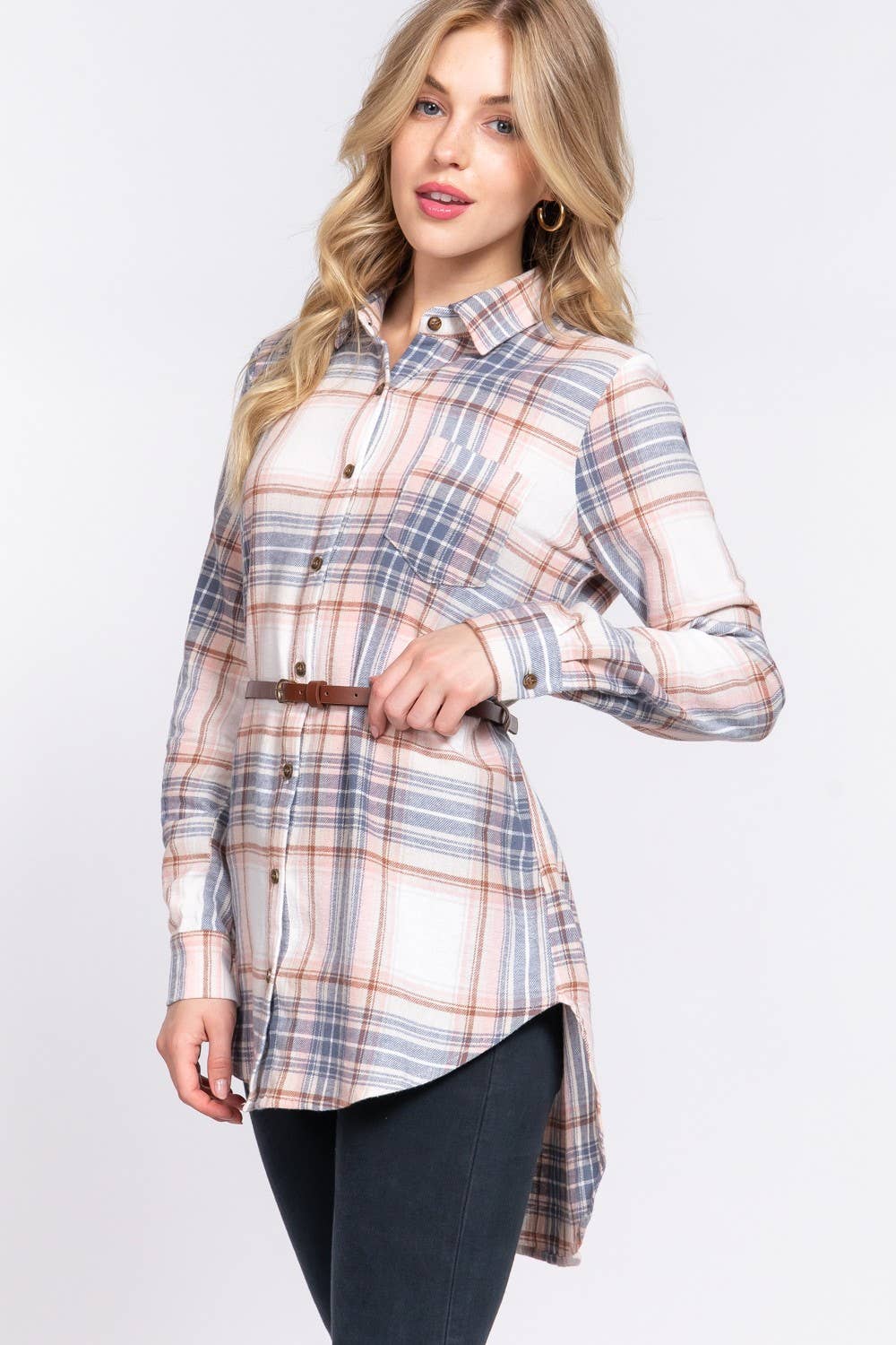 Active Basic Long Sleeve Plaid Tunic Shirt With Belt
