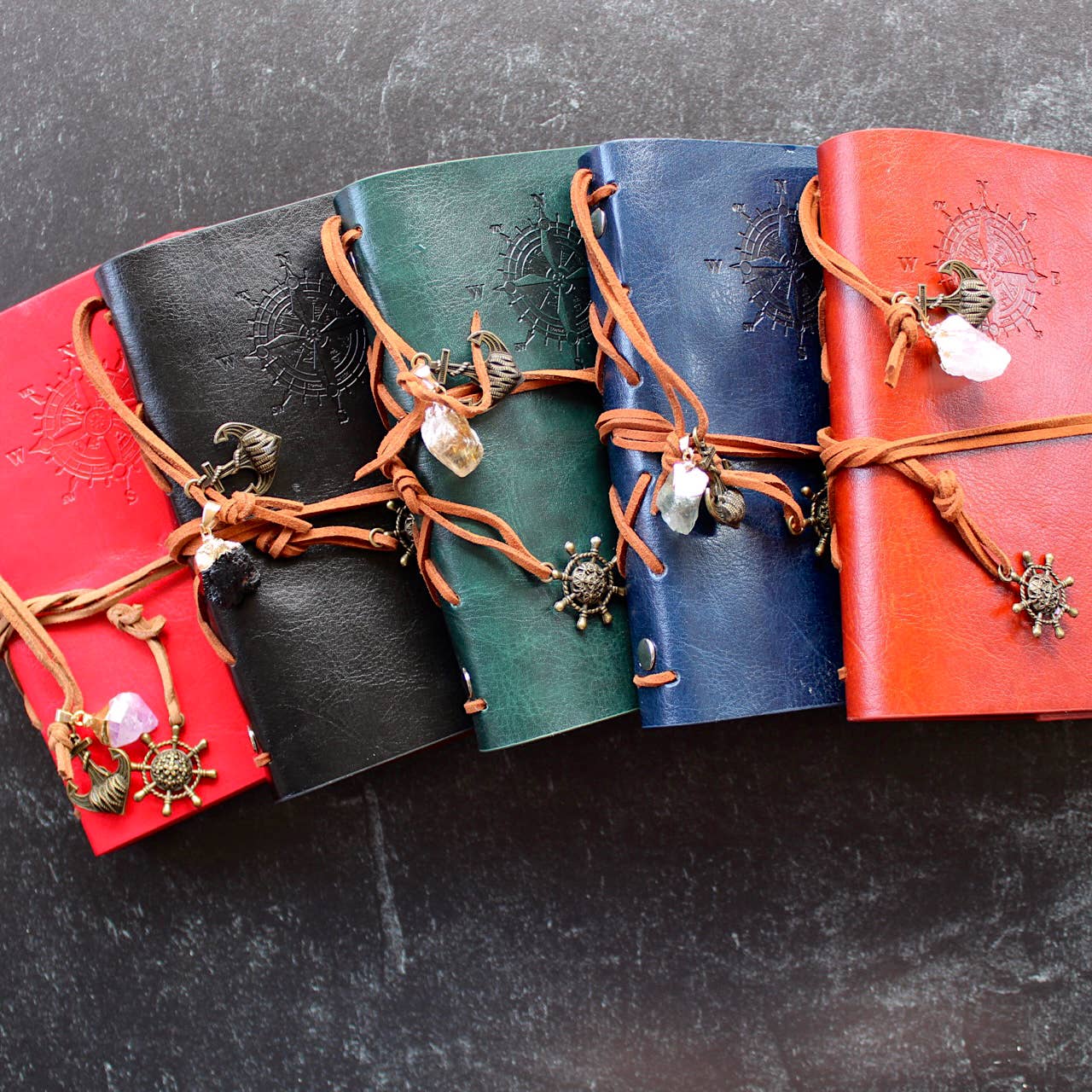 Leather Notebook w/ Crystal Accent - (Crystals and Stones): Green w/ Citrine Crystal