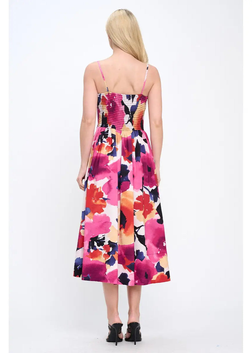 Renee C. Made in USA Floral Print Midi Dress with Smock Back Detail