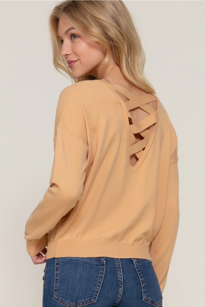 Active Basic Long-Sleeve V-neck Back Cross Strap Viscose Sweater