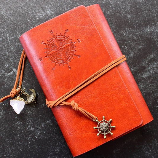 Leather Notebook w/ Crystal Accent - (Crystals and Stones): Natural Brown Cover w/ Rose Quartz