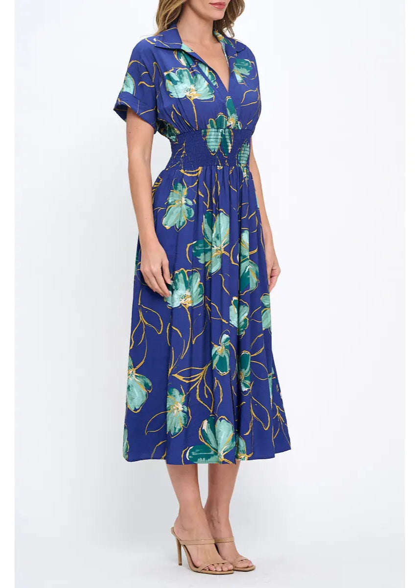 Renee C. Made in USA Floral Print V Neck Collared Dress with Smock