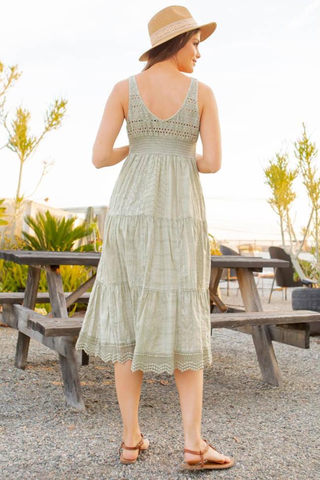 Young Threads Sage Mixed Fabric Patchwork Dress With Lace Trim. Fall Clearance!