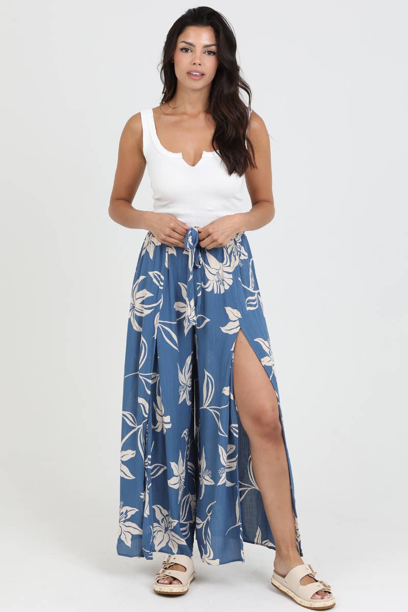 Angie Blue Floral Print Split Leg Pants