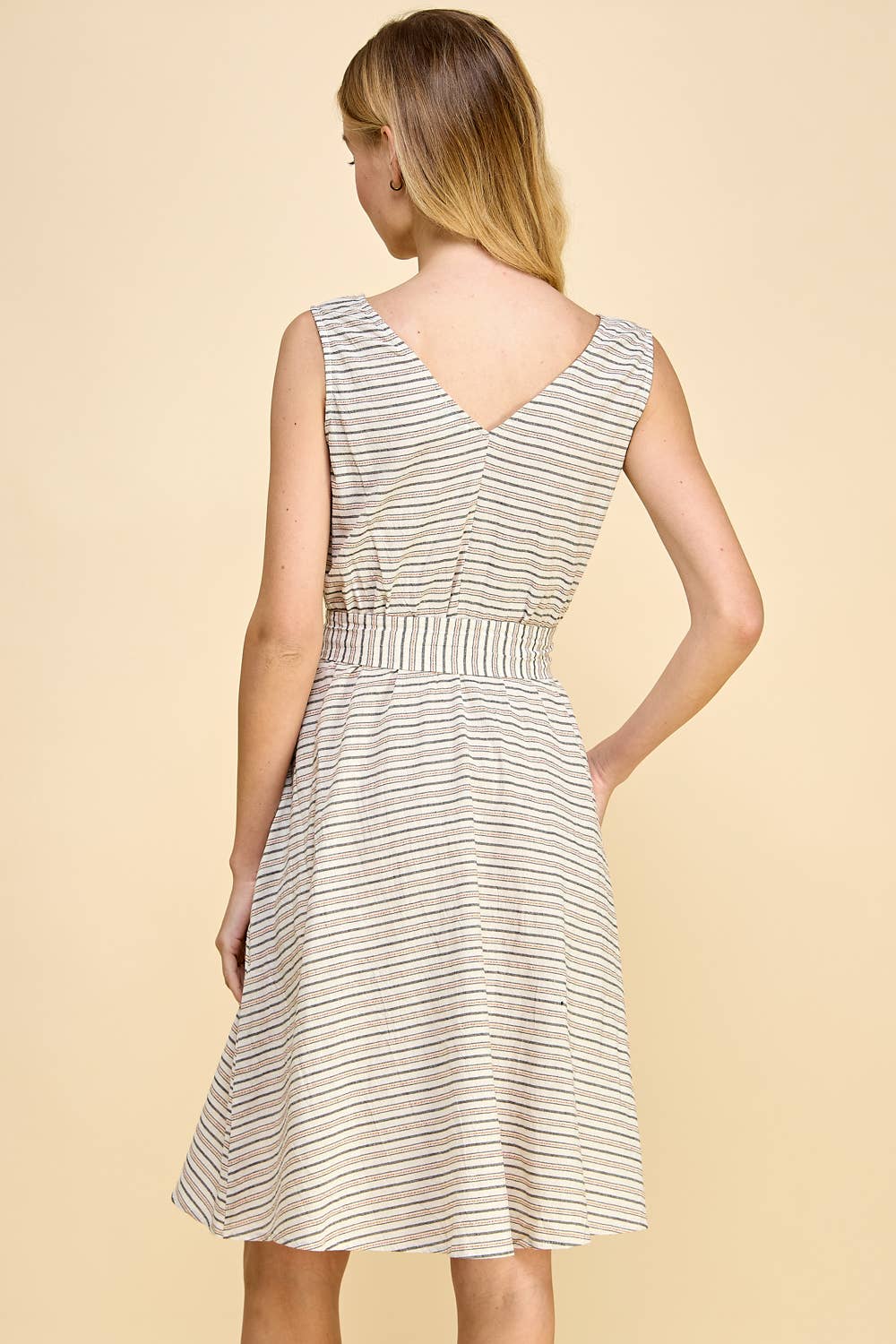 Winslow Collection Antique Canvas V-neck Dress With Self Tie Belt.