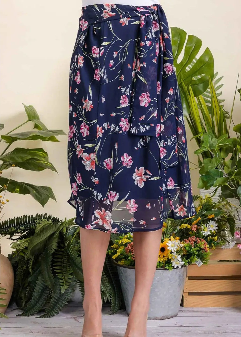 Perseption Floral Aline Chiffon Midi Skirt