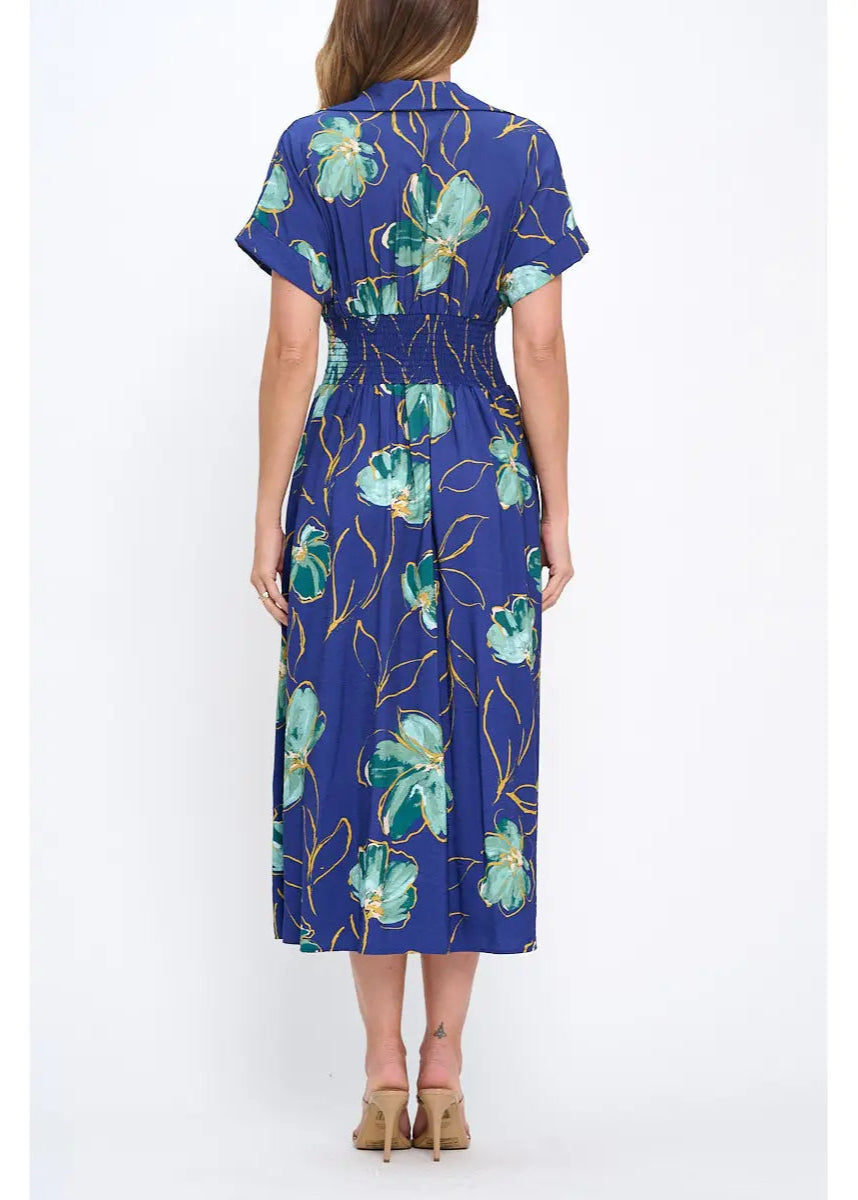 Renee C. Made in USA Floral Print V Neck Collared Dress with Smock