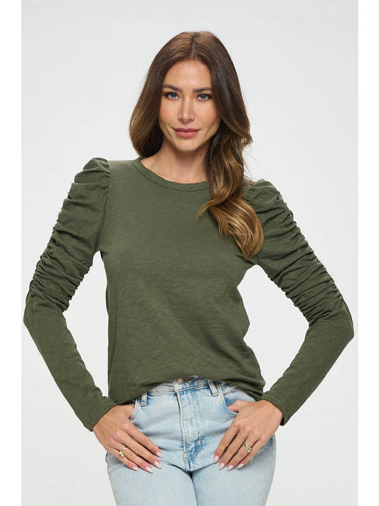 Olive Forest - Solid Long Puff Sleeve Top