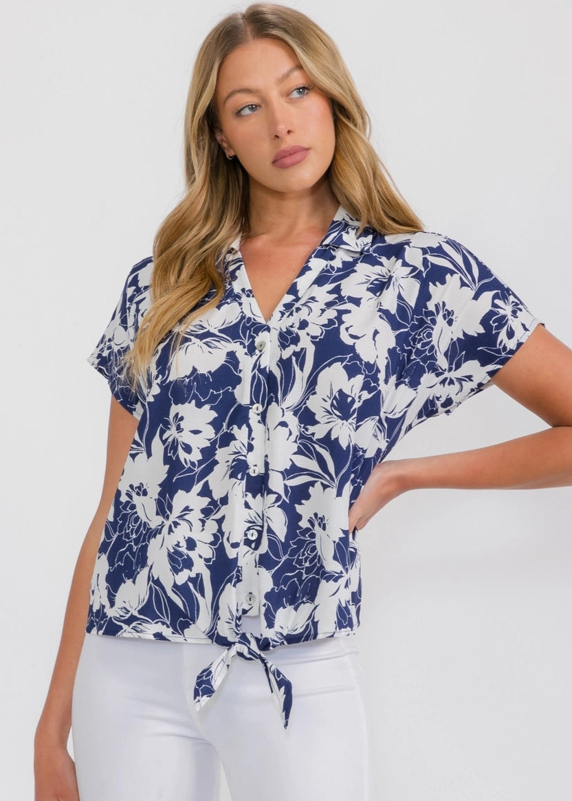 Perseption Placket Collar Tie Front Dolman Shirt