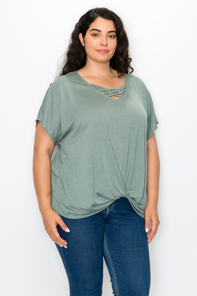 Perseption V-Neck Crisscross Cutout Twist Front Knit Blouse