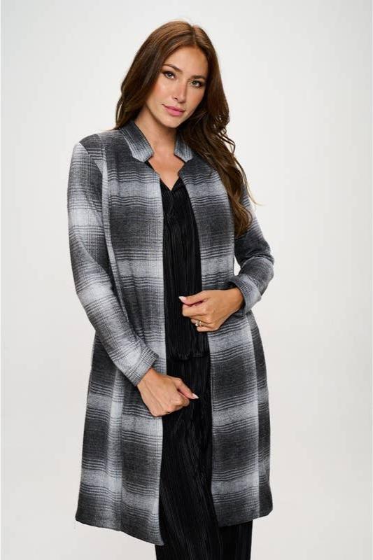 Plaid Open Front Coat with Collar - Charcoal