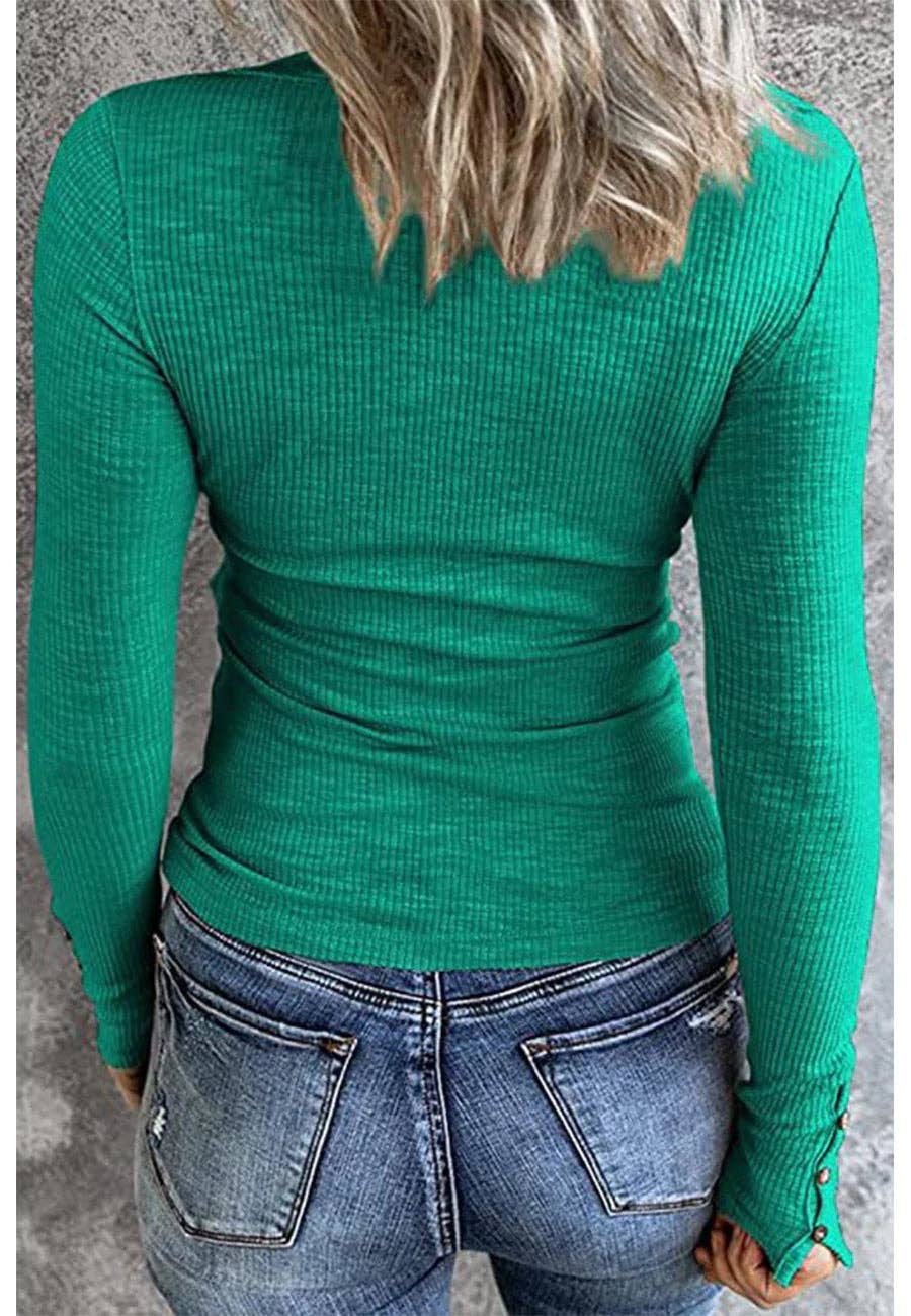 Anna Kaci Ribbed Knit Fitted Henley Top
