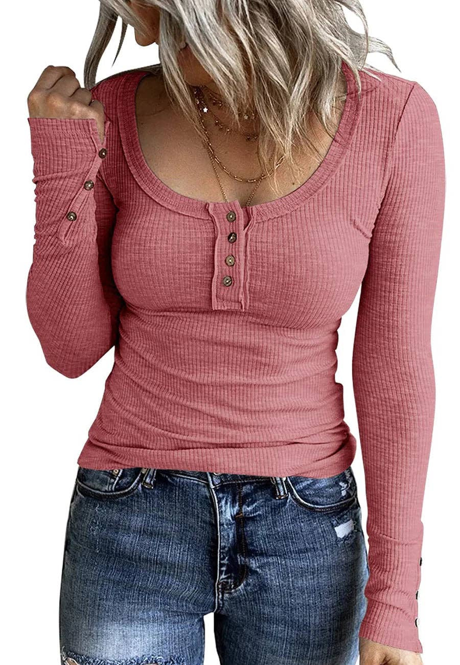 Anna Kaci Ribbed Knit Fitted Henley Top