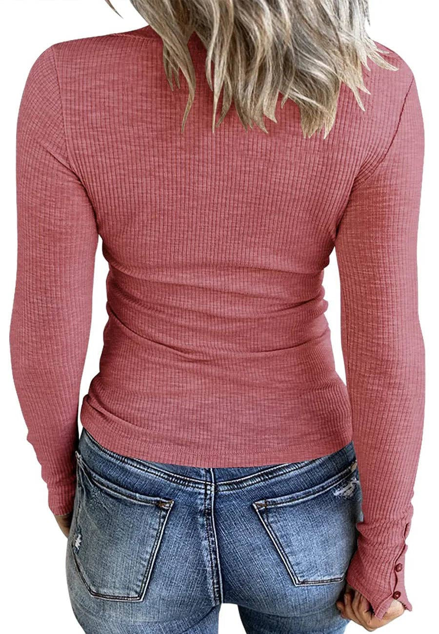 Anna Kaci Ribbed Knit Fitted Henley Top