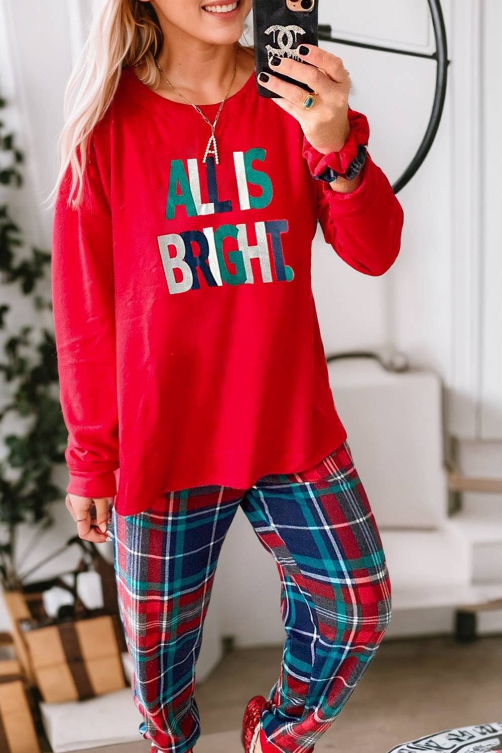 All is Bright - Graphic Christmas Plaid Pajamas Set