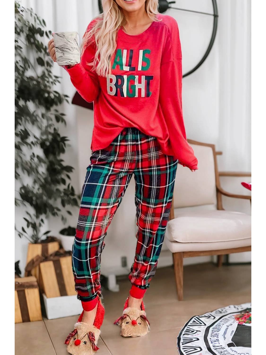All is Bright - Graphic Christmas Plaid Pajamas Set