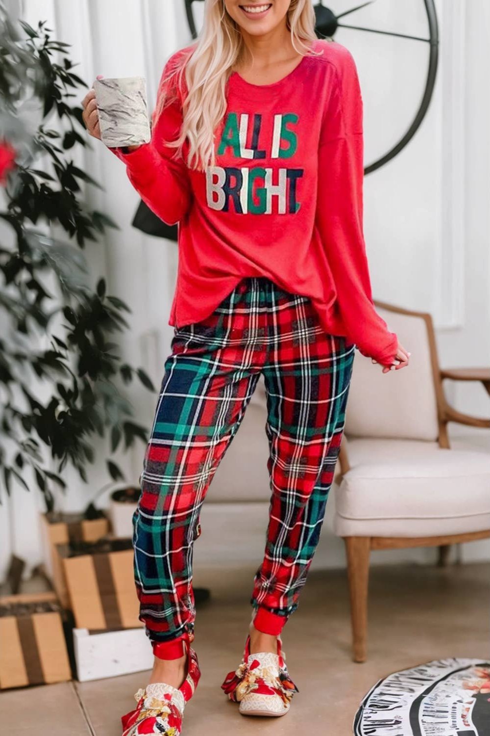 All is Bright - Graphic Christmas Plaid Pajamas Set