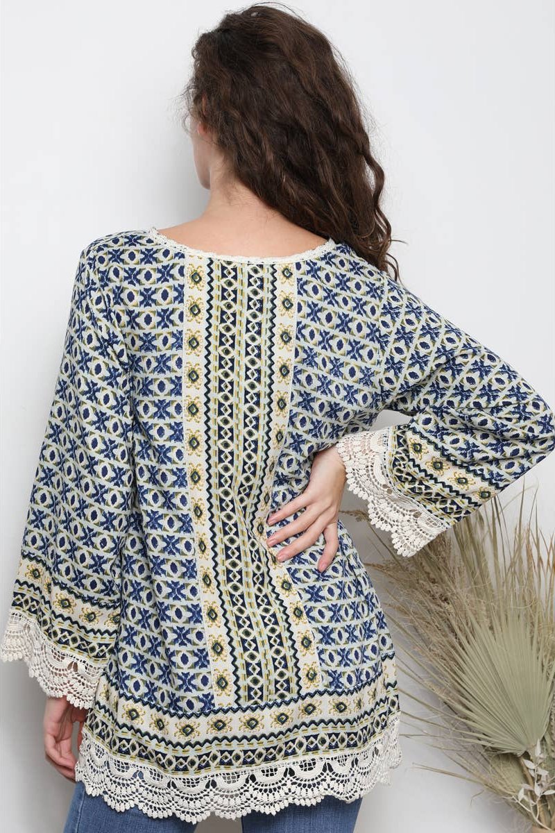 Nostalgia Printed Long Bell Sleeve Top With Lace Trim. 50% Off Clearance sale!