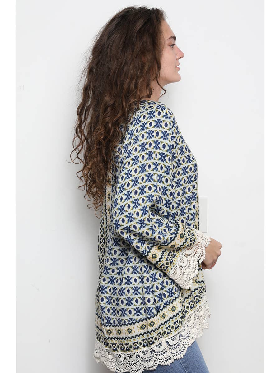 Nostalgia Printed Long Bell Sleeve Top With Lace Trim. 50% Off Clearance sale!