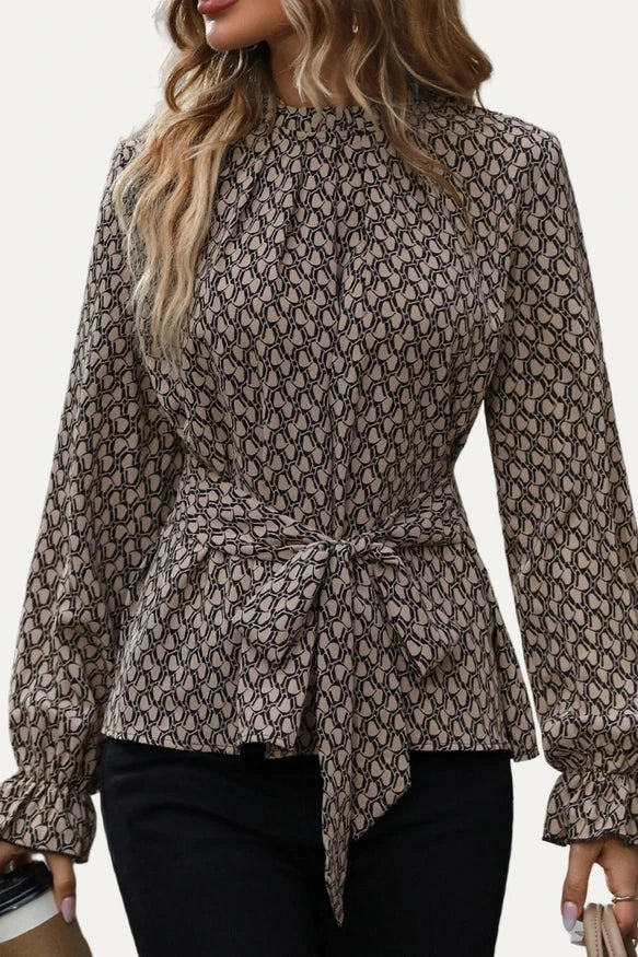 The Moment Collection Khaki Printed Mock Neck Top. Fall Clearance!