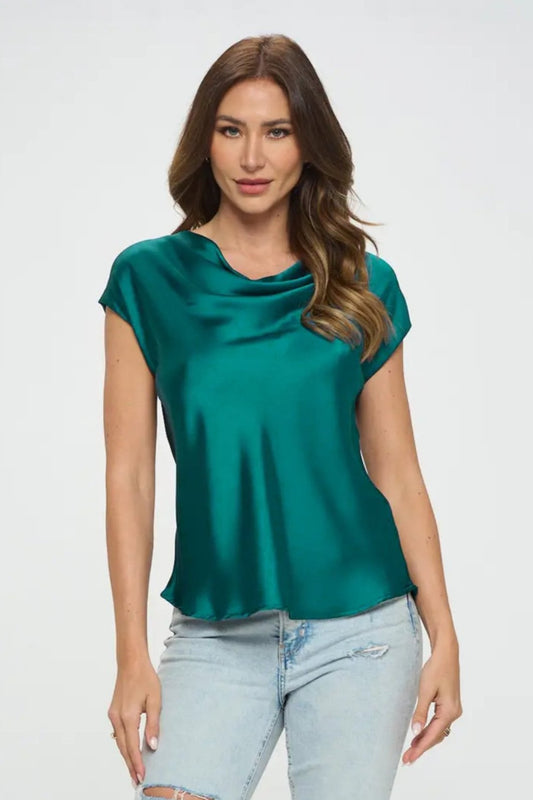 Renee C. Solid Satin Top With Cowl Neck. Fall Clearance!