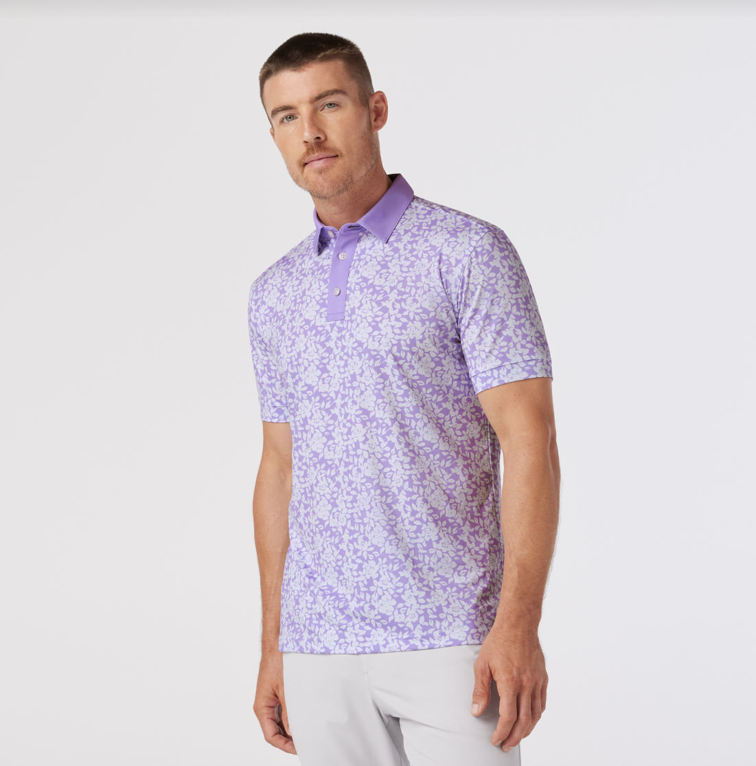 Mizzen + Main lavender floral Versa Polo.